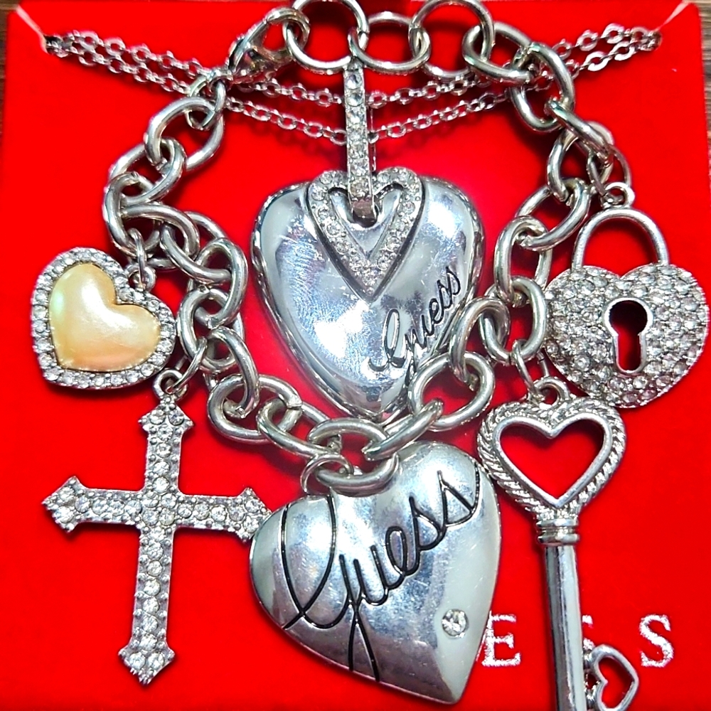 Guess Set - Charm bracelet & Heart necklace - EUC, Crystal charms, silver tone